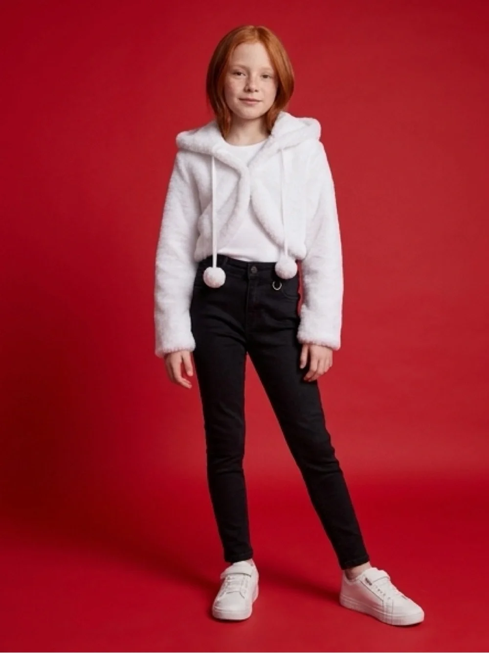 Girls White Hooded Fuzzy Jacket with Pom-Pom Ties